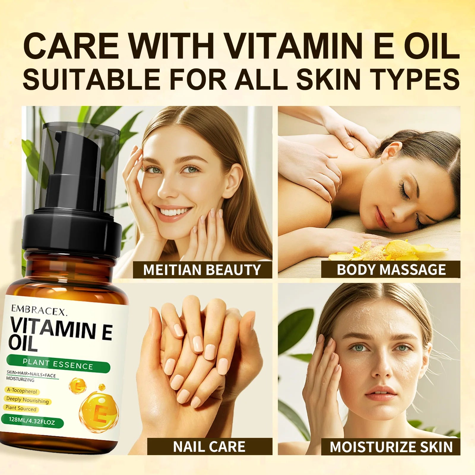 128ml Vitamin E oil Essential Oils Natural Ingredients Skincare Haircare Nailcare Massage Oil Gift To Friends/Family