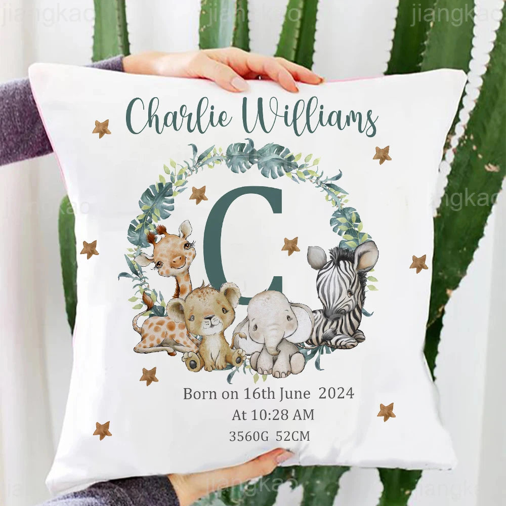 Personalized Safari Animal with Name Pillow Case Nursery Cushion Cover Bedroom Kids Wild Party Decor Pillowcase Baby Shower Gift
